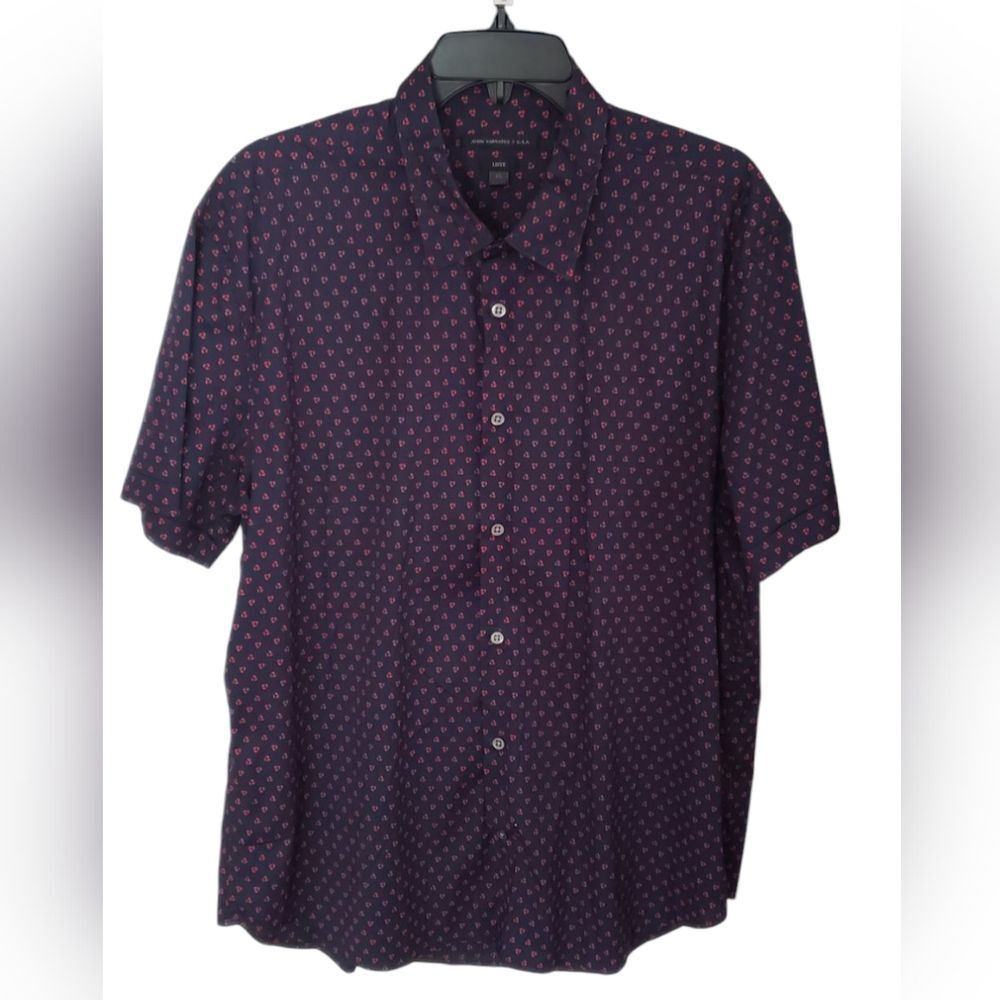 John Varvatos Luxe Men's Blue and Red Button Front Short Sleeve Shirt Siz…